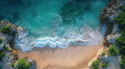 An overhead shot captures the mesmerizing patterns of turquoise sea waves as they meet the golden sands of a tranquil beach.