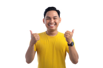 Portrait of happy handsome Asian man with both hands showing thumbs up isolated on white background