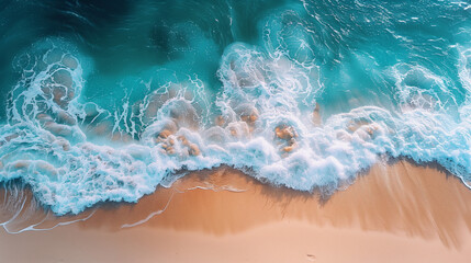 An overhead shot captures the mesmerizing patterns of turquoise sea waves as they meet the golden sands of a tranquil beach.