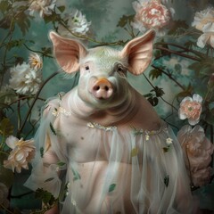 Fototapeta premium Pig in a sheer organza shirt in a garden of exotic luxury a portrait of ethereal beauty and sophistication