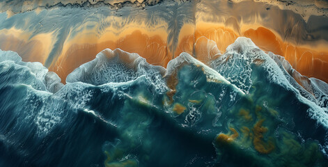 An overhead shot captures the mesmerizing patterns of turquoise sea waves as they meet the golden...