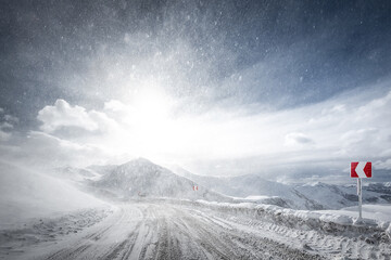 snow winter mountain road. blizzard.