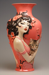 A pink ceramic vase on a gray background with an image of a dark-haired girl and a cat.