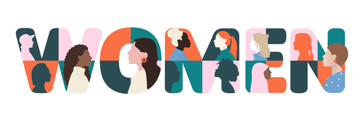 happy international women's day banner, text letter word women illustrated with woman head face side view silhouette, modern minimal png illustration on transparent background