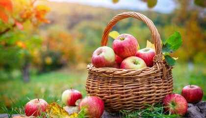 Basket full of red juicy apples scattered in a grass in autumn garden