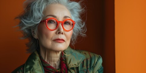 A fashionable and attractive Asian grandmother with wisdom, radiating happiness and confidence outdoors.
