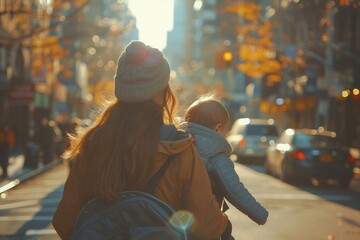A loving mother and daughter stroll through the sunny street, enjoying nature's warmth together. - obrazy, fototapety, plakaty