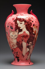 A pink vase on a dark background with an image of a red-haired girl and kittens, generative AI




