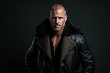 Fototapeta na wymiar Portrait of a stylish brutal man in a leather jacket. Men's beauty, fashion.