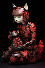 Figurine of a black ceramic cat and kitten with a red ornament on a black background, generative AI




