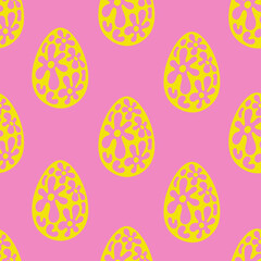 Easter seamless pattern with egg and flower in retro style. Modern bright endless background for spring holiday. Trendy colorful 70s 80s design with wavy shapes and liquid petals. Repeat vector illust