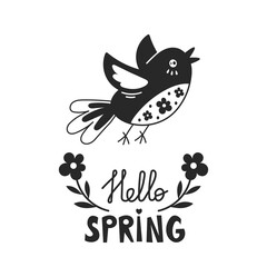 Spring flying bird flowers and text. Seasonal decoration. Black line songbird and lettering. Isolated cute cartoon vector illustration on white background.