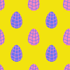 Modern Easter seamless pattern with checkered egg. Bright colorful endless background for spring holiday design with textured religious symbol in minimal style. Repeat vector illustration on yellow ba