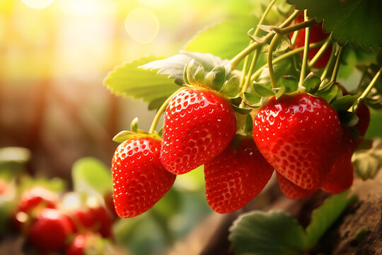 Strawberry plant with ripe berries growing in garden, closeup
