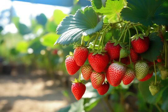 Strawberry plant with ripe berries growing in garden, closeup