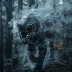 Tuinposter a majestic panther, burning smoke on a black background © eyzmom2024