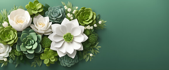 Floral art, white and green shades, copy space, background