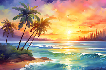 Fototapeta na wymiar Tropical beach at sunset with palm trees. Collage.