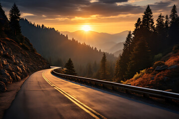 Beautiful landscape of mountain road in the morning at sunset, Taiwan - obrazy, fototapety, plakaty