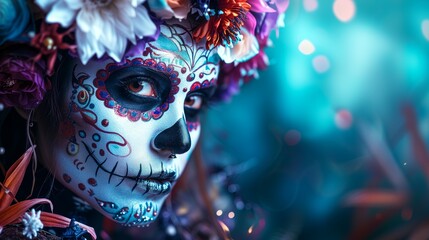  Halloween enchantment, a mesmerizing beauty portrait unfolds - a skeleton woman of death donned in an alluring Day of the Dead costume, her face adorned with intricate makeup