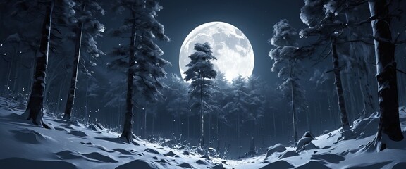 Snow forest under the moonlight. Full moon. Beautiful landscape wallpaper - obrazy, fototapety, plakaty