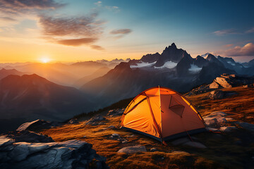 Camping tent on mountain meadow at sunset. 3d rendering