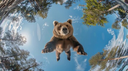 Bear jumping down against a blue sky. Animal in the air in motion - obrazy, fototapety, plakaty