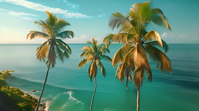 Palm trees swaying in gentle ocean breeze

