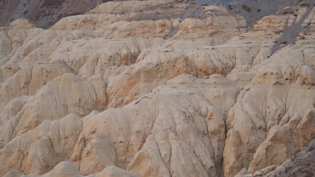 Closeup shot of Moonland Chango as seen on the way to Spiti Valley in Himachal Pradesh, India. Rocky structures like Moonland in the Himalayan mountains in Spiti Valley. Natural rock formation. 