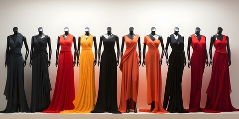 Displaying a Range of Dresses from Black to Red on Stylish Mannequins. Concept Fashion Displays, Mannequin Styling, Dress Collections, Colorful Wardrobe, Visual Merchandising