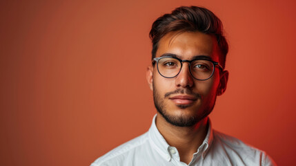 A portrait of a young adult male with glasses and a white shirt against an orange backdrop. 