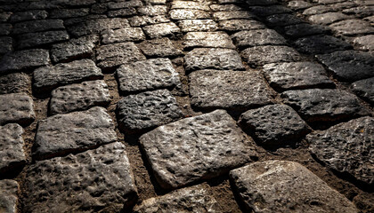 Closeup of a porphyry old roman stone pavement called Sanpietrini or Sampietrini. Typical Roman era road pavement made of small cube-shaped stone cobbles. Generative Ai.