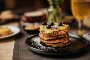 breakfast or brunch with pancakes in elegant mood