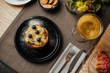 breakfast or brunch with pancakes in elegant mood