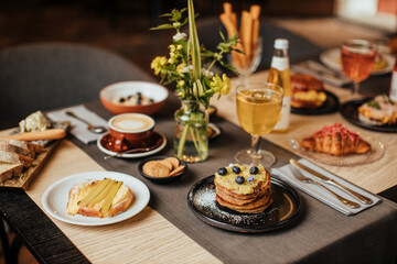 breakfast or brunch with pancakes in elegant mood
