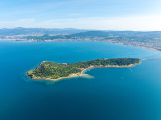 Aerial drone view of Urla district of Izmir, Turkey's third largest city. Iskele - Karantina island - Turkey