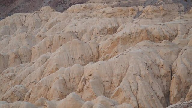 Closeup shot of Moonland Chango as seen on the way to Spiti Valley in Himachal Pradesh, India. Rocky structures like Moonland in the Himalayan mountains in Spiti Valley. Natural rock formation. 