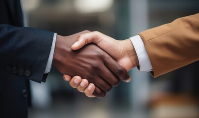 white and black people shaking hands, office background blur, anti discrimination concept.