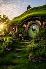 A Fairy-Tale Picture of a Tranquil Hobbit House Nestled Within Lush Greenery - obrazy, fototapety, plakaty