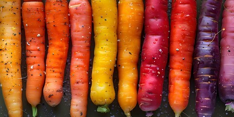 A colorful assortment of vibrant whole carrots in a rainbow spectrum. Concept Rainbow Carrots,...