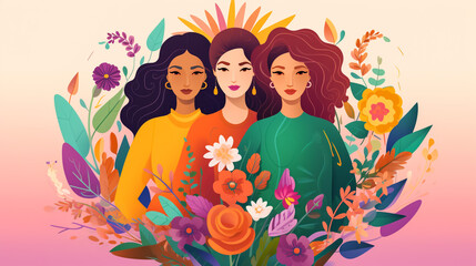 Illustration of a beautiful woman with long hair and floral decorations and text 8 March. International Women's Day greeting card, poster, brochure design.
