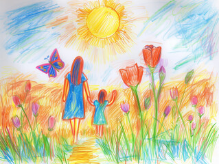 Obraz na płótnie Canvas Children's drawing with colored pencils, mom and daughter holding hands walking on the grass