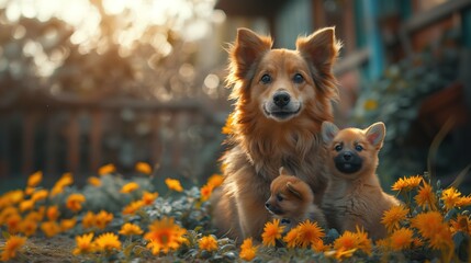 Mother plays with her dog and puppy they are happy In the flower garden of the house, realistic.