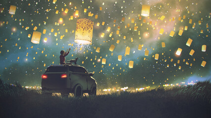 Young woman with her dog sitting on the roof of a suv car release lanterns, digital painting, hand drawn illustration - 745653979