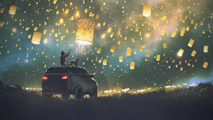 Photo sur Aluminium Grand échec Young woman with her dog sitting on the roof of a suv car release lanterns, digital painting, hand drawn illustration