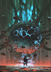 Man standing in front of the large sphere cracked with glowing from within, digital painting, hand drawn illustration - 745653990