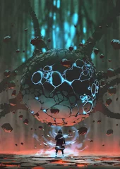 Foto auf Acrylglas Großer Misserfolg Man standing in front of the large sphere cracked with glowing from within, digital painting, hand drawn illustration