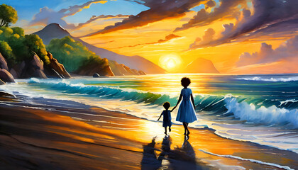 Joyful father, mother, baby son walk with fun along edge of sunset sea surf on digital art concept. - obrazy, fototapety, plakaty