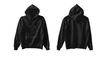 Plain black hoodie mockup seen from the front and back on a transparent white background