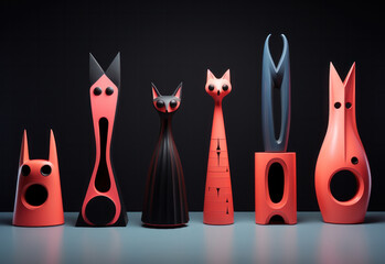Red and black wooden cat figurines are on the table,  generative AI





